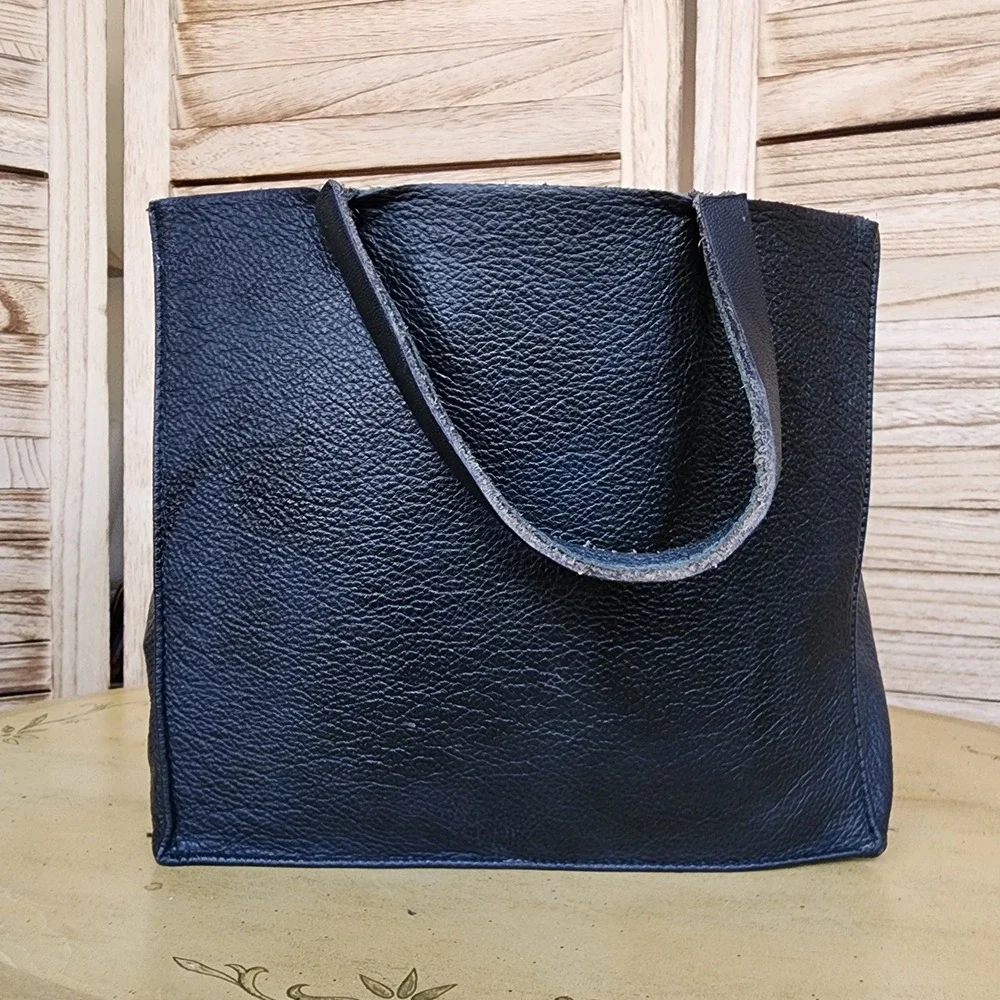 100% Leather Black Small Tote Bag Minimalist Professional Handbag Purse Casual